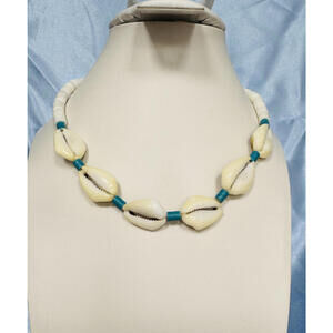 Unsigned Surfer Cowrie and Puca Shell with Blue Bead Separator Choker Necklace